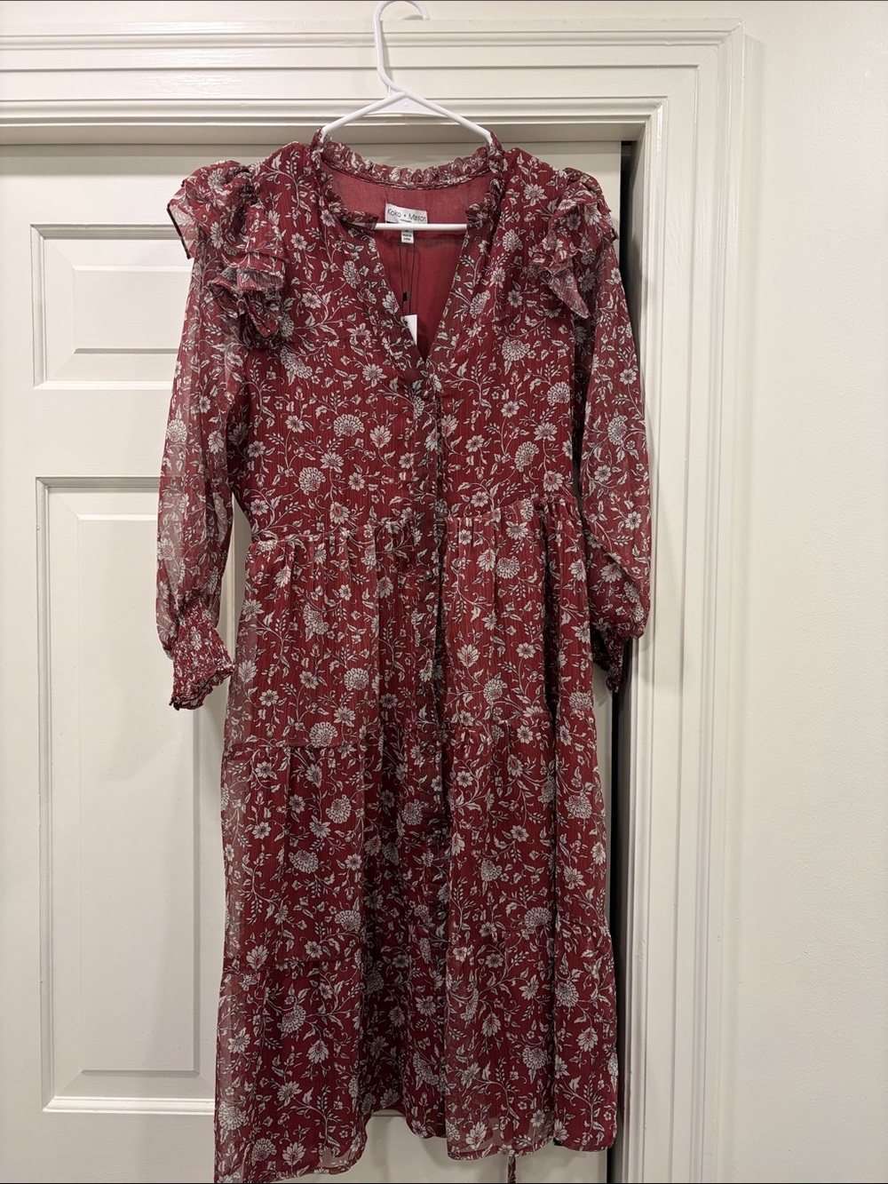 NWT Koko + Mason Floral Ruffle Midi Dress in Burgundy floral print